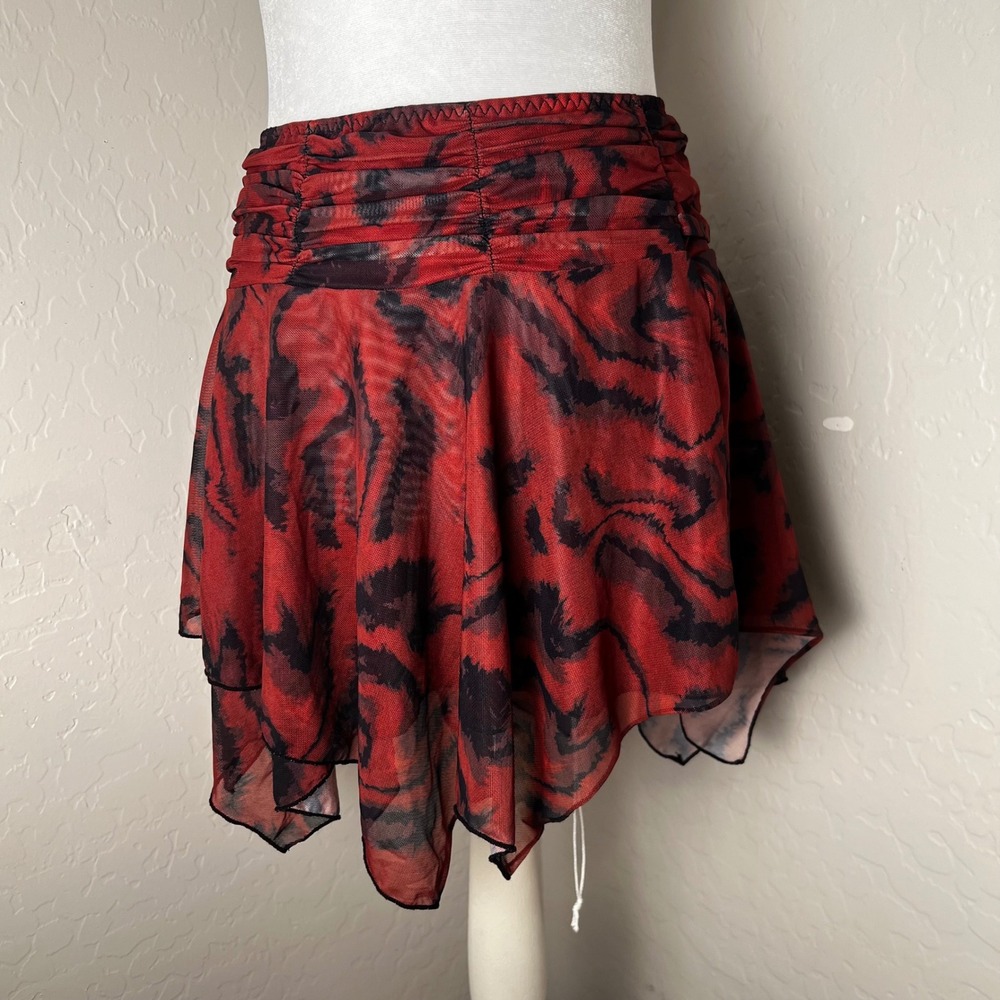 Fashion Nova Red Black Tiger Print Mesh Ruched Mini Skirt Handkerchief Hem XL